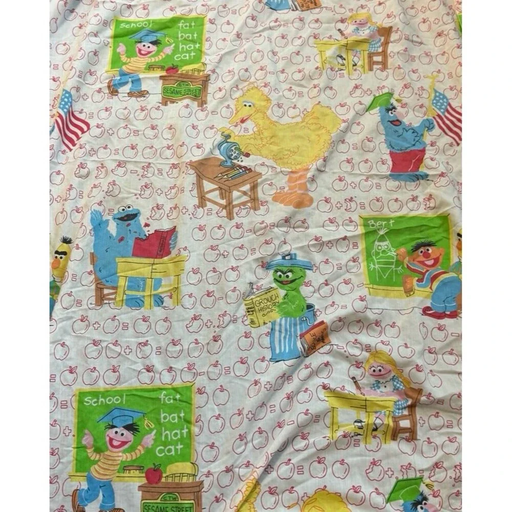 VTG Sesame Street Twin Fitted Sheet School Marlborough Apples Big Birds Oscar